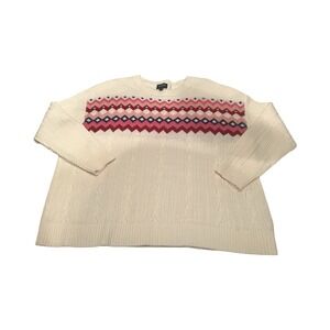 Chaps Womens 2X Intarsia Fair Isle Pink Ivory Cable Knit Pullover Sweater